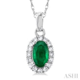 5x3 MM Oval Shape Emerald and 1/20 Ctw Single Cut Diamond Halo Precious Pendant with Chain in 14K White Gold